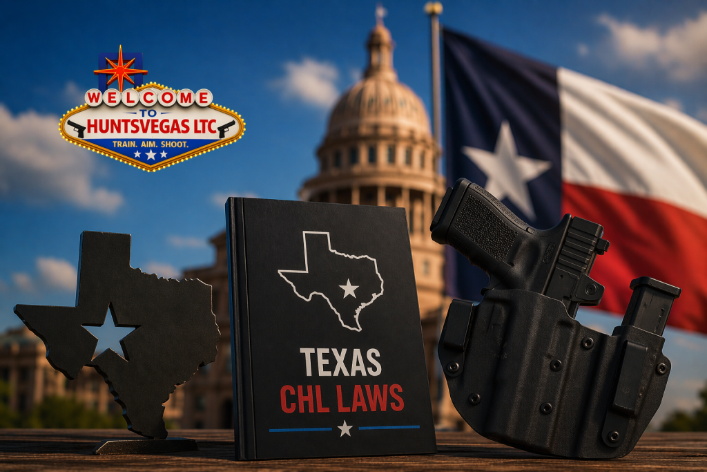 Texas CHL laws guide with handgun in holster, Texas flag, and HuntsVegas LTC logo