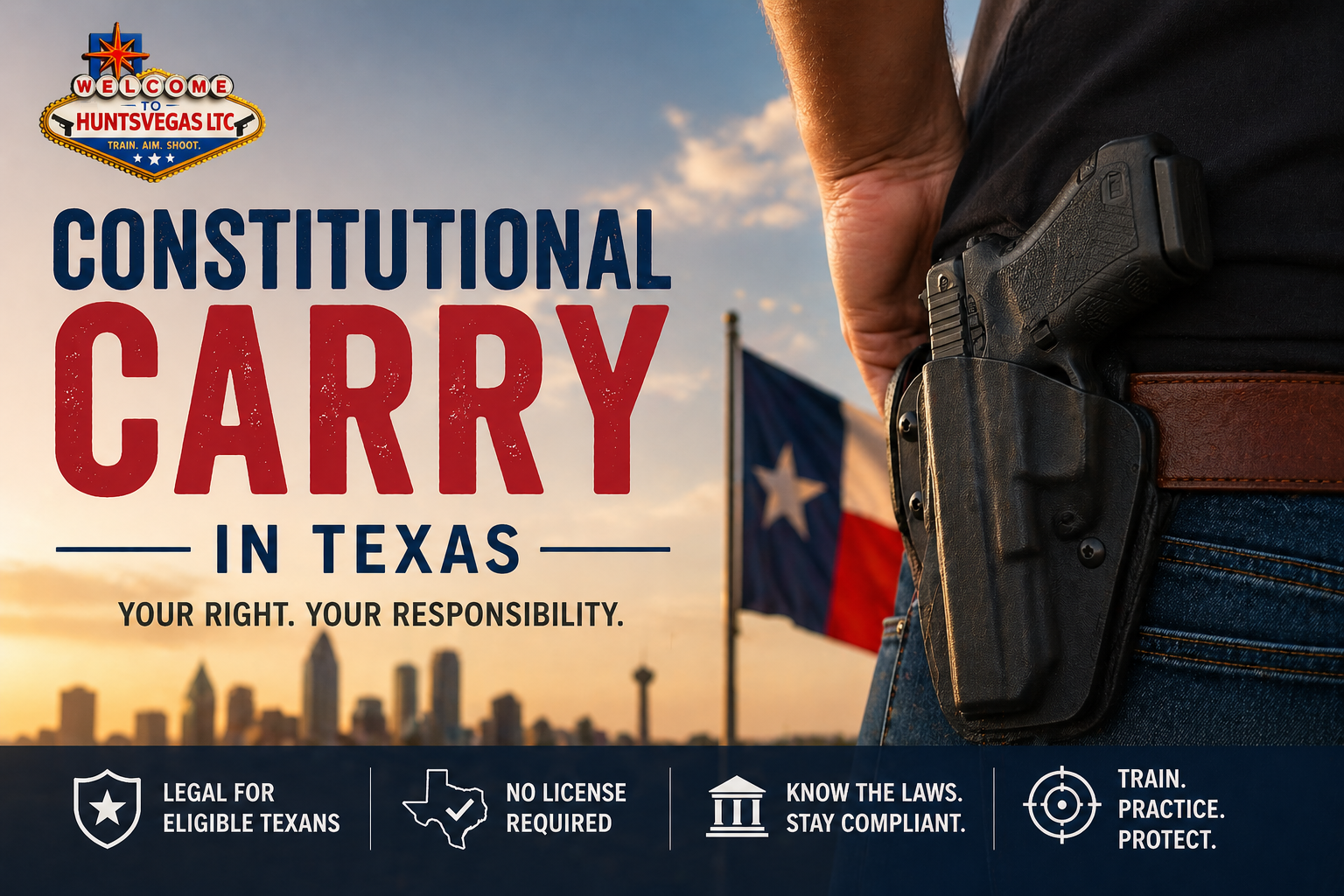 Constitutional carry in Texas with holstered handgun and Texas flag representing permitless carry laws
