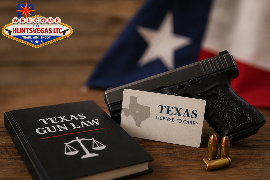 Texas LTC laws concept with handgun, license to carry card, and Texas gun law book