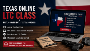 Texas Online LTC Class course on laptop with firearm safety training and License to Carry information