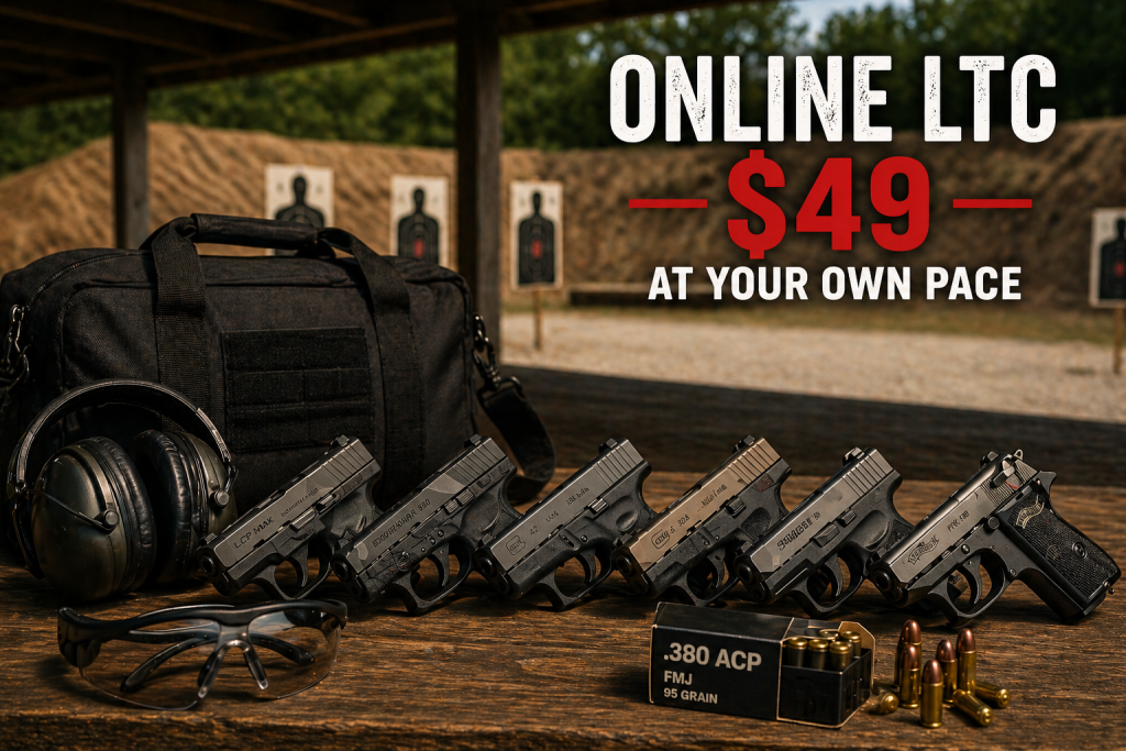 Top .380 carry guns in Texas with range gear and online LTC course promotion