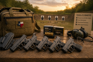 Top 5 9mm handguns for Texas LTC including Glock, Sig Sauer, and Springfield pistols on a range table with a Texas License to Carry benefits sign.