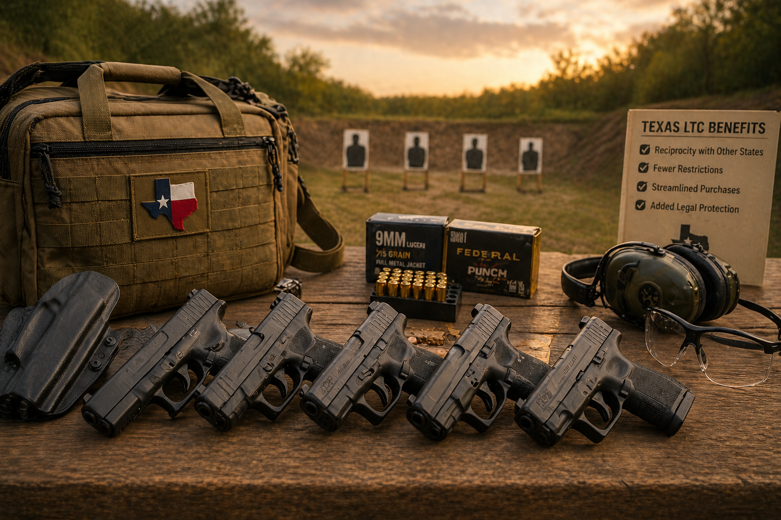 Top 5 9mm handguns for Texas LTC including Glock, Sig Sauer, and Springfield pistols on a range table with a Texas License to Carry benefits sign.
