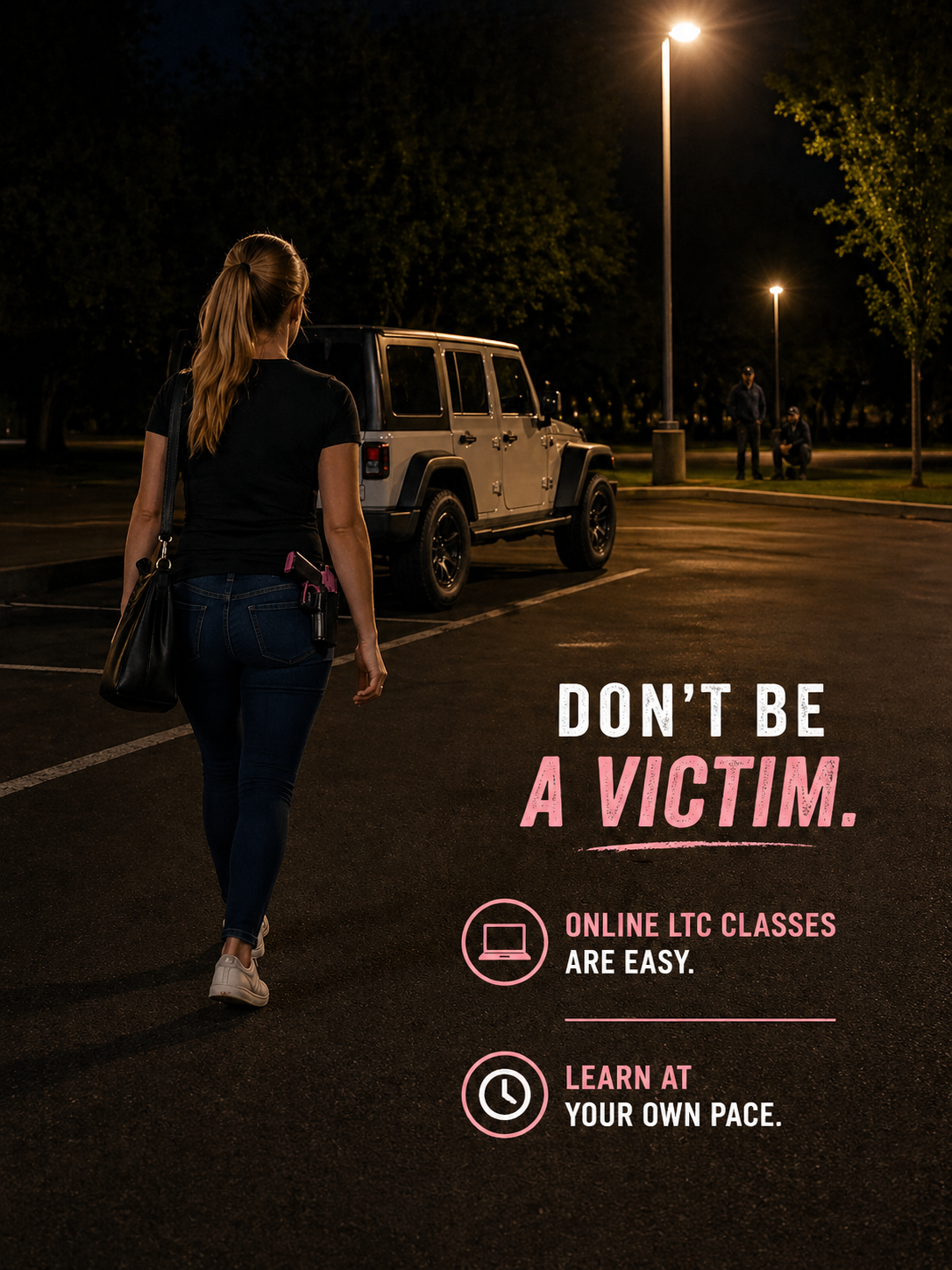 Woman walking to her Jeep in a dimly lit parking lot at night with two men standing near a distant light pole